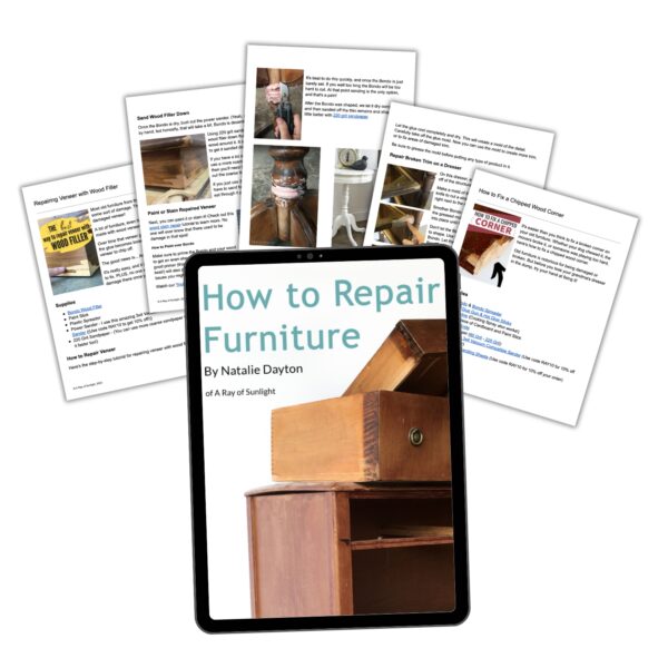 flat lay of pages from the ebook with ipad showing the repairing furniture ebook