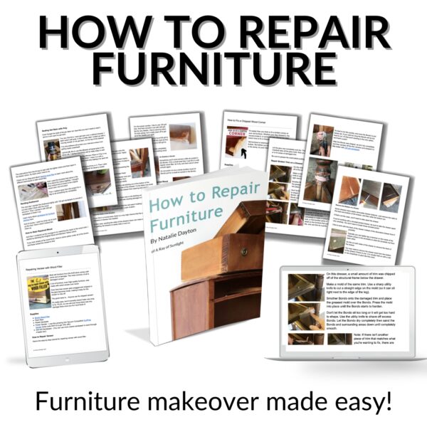 pages of the repair furniture ebook, including display of printing out the ebook into a physical book, or viewing on computer