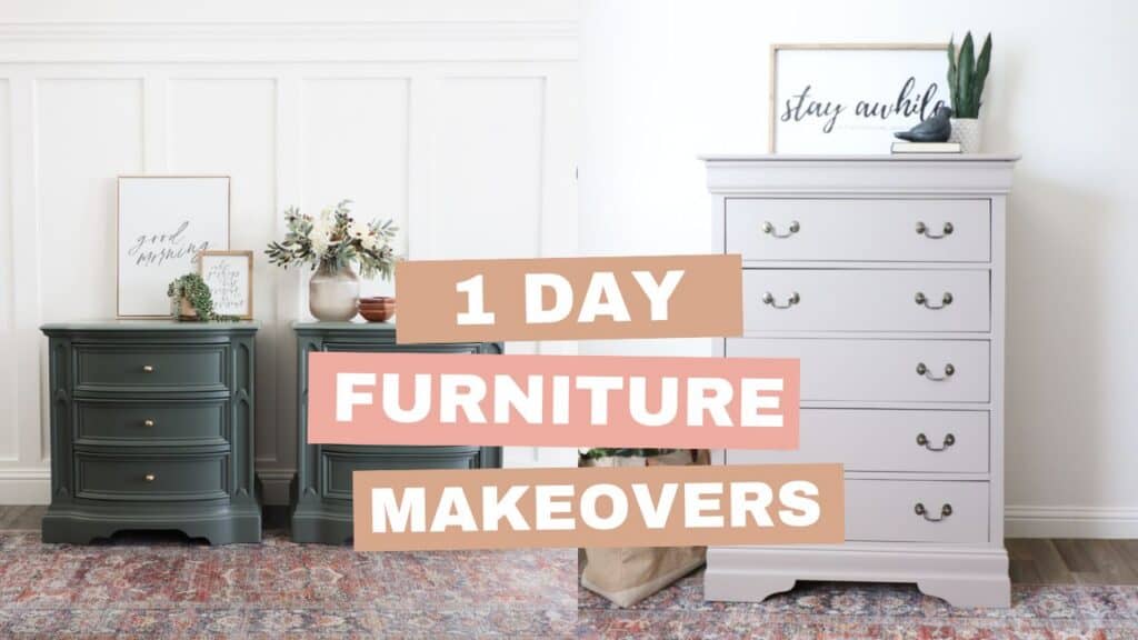 Collage of green nightstands and grey dresser